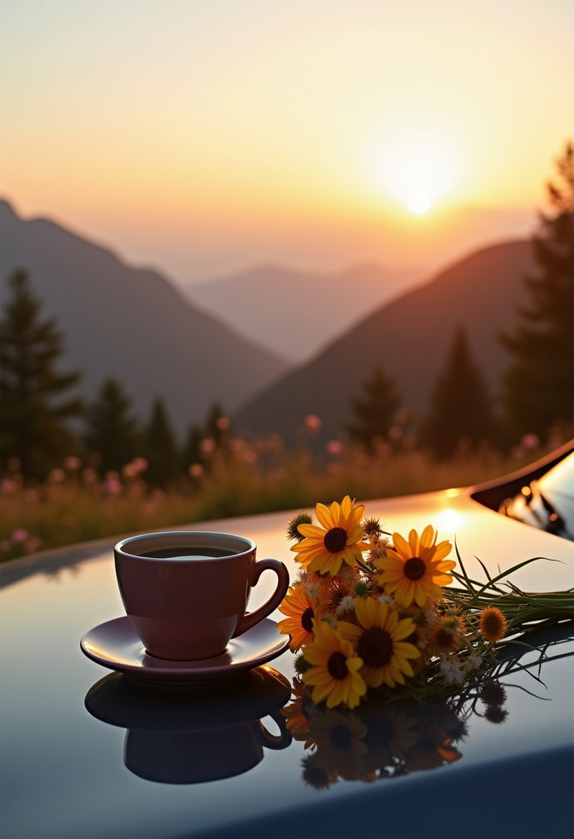 Morning coffee and wildflowers at sunrise in the mountains Morning coffee and wildflowers at sunrise in the mountains