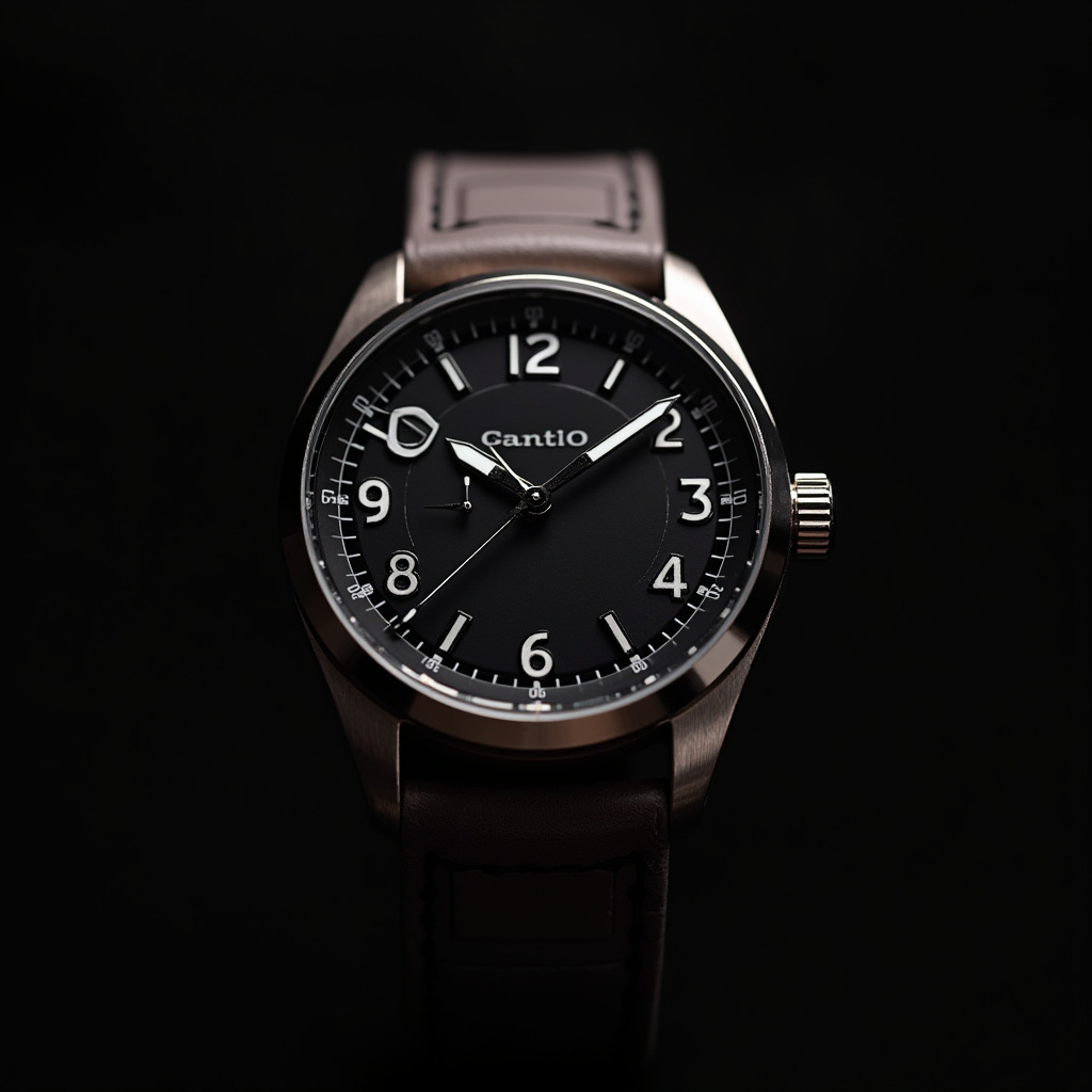 Black watch with leather strap and glowing details Black watch with leather strap and glowing details