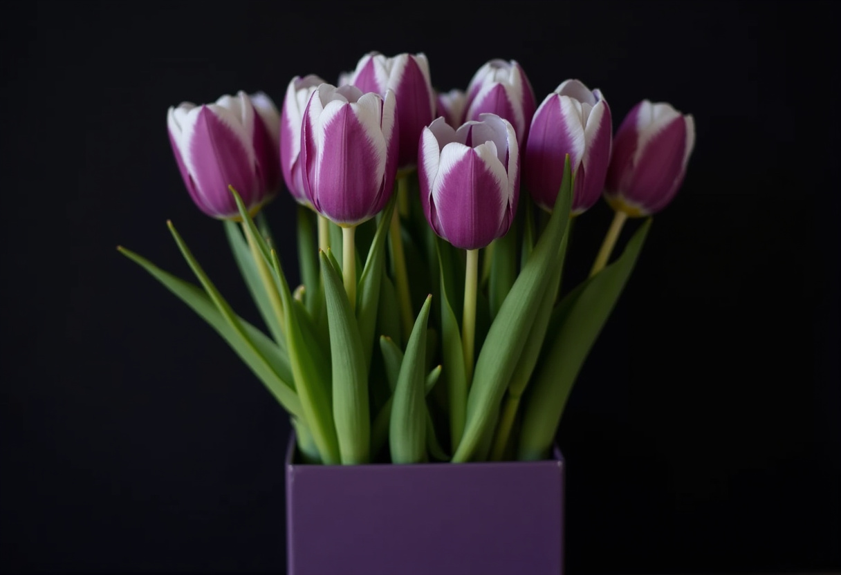 Purple tulips arranged in a decorative pot Purple tulips arranged in a decorative pot