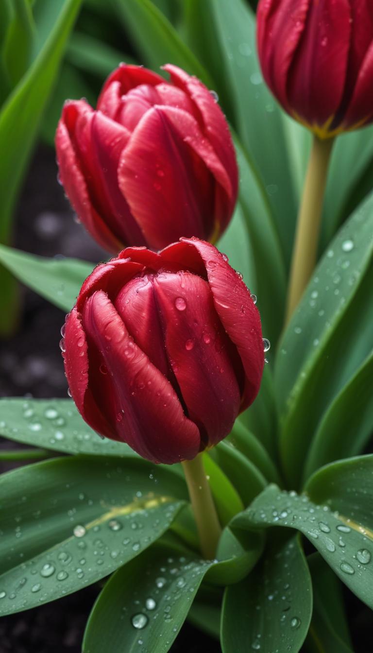 Vibrant red tulips with water droplets in a garden setting Vibrant red tulips with water droplets in a garden setting
