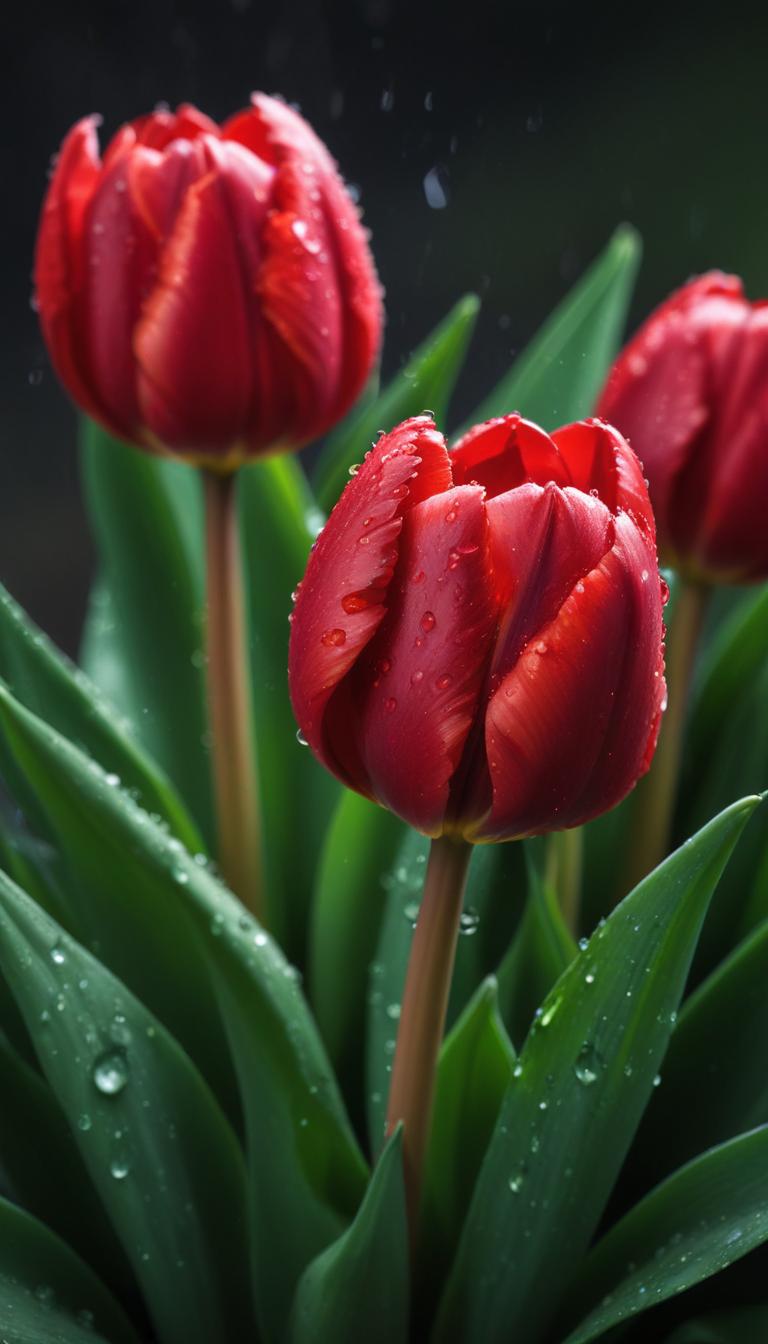 Beautiful red tulips with raindrops in spring garden Beautiful red tulips with raindrops in spring garden