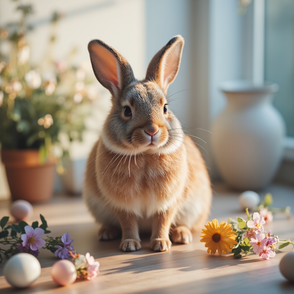 Rabbit surrounded by flowers and decorations indoors Rabbit surrounded by flowers and decorations indoors