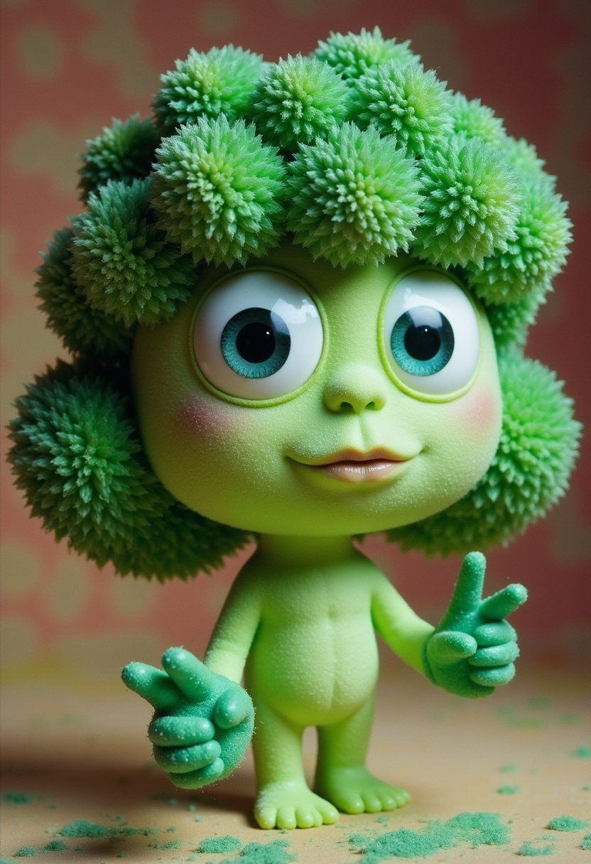 Fluffy-haired green character in a playful pose Fluffy-haired green character in a playful pose