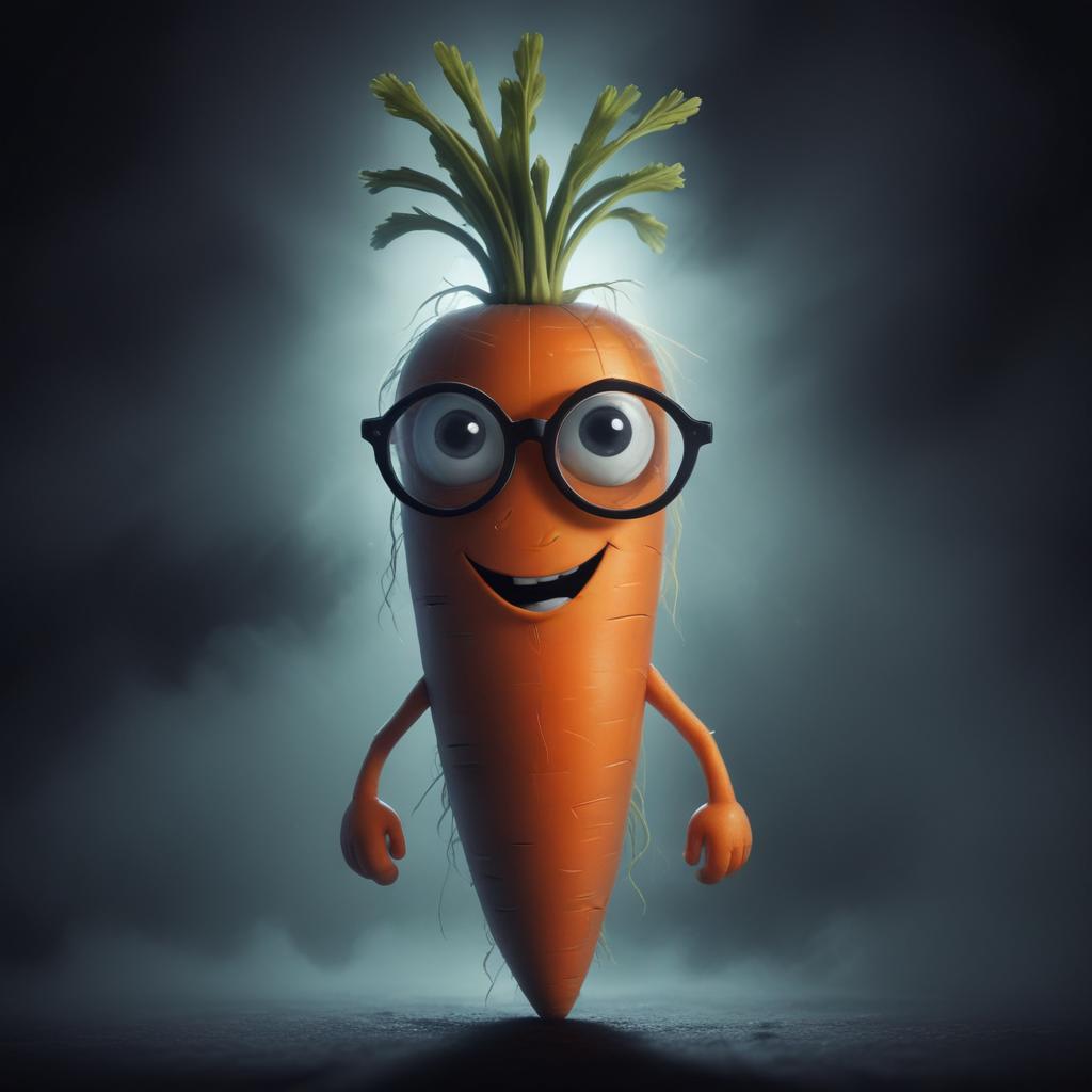 Glowing carrot character with glasses in dark Glowing carrot character with glasses in dark
