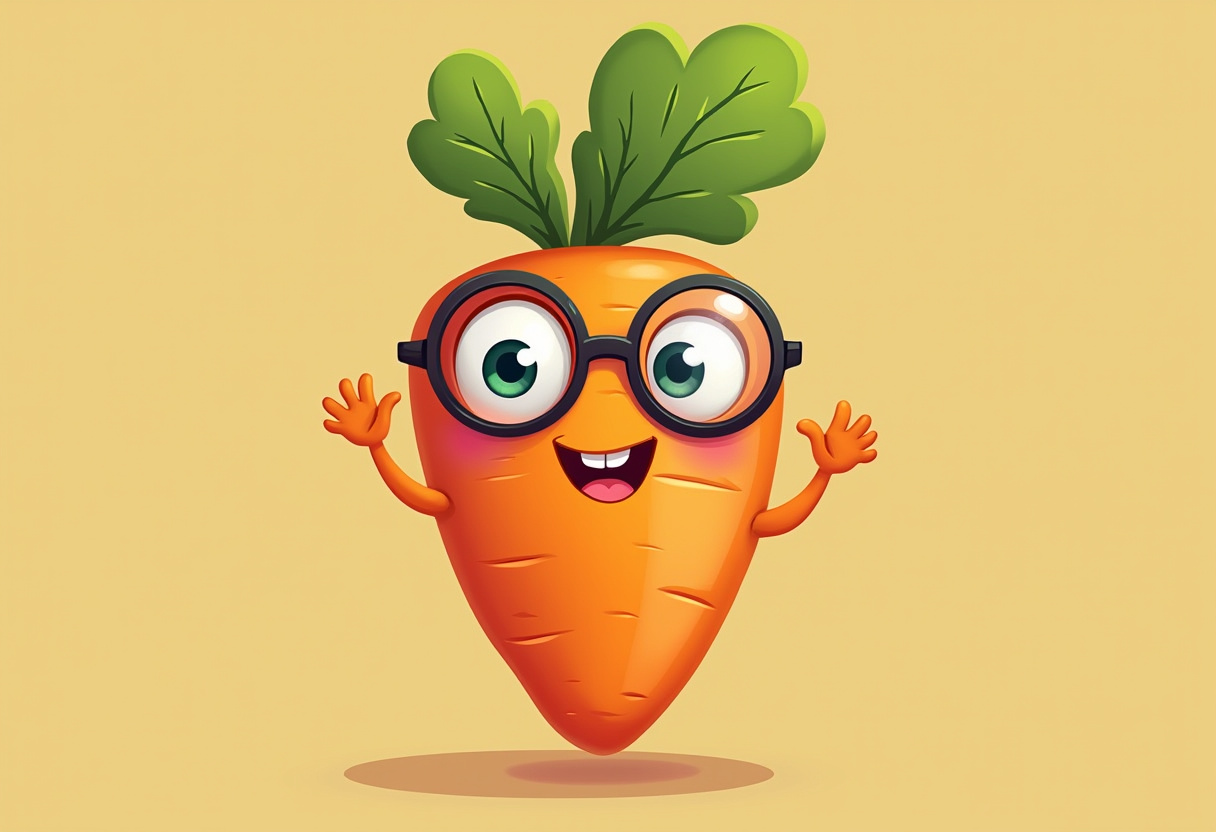 Happy cartoon carrot character with glasses smiling Happy cartoon carrot character with glasses smiling