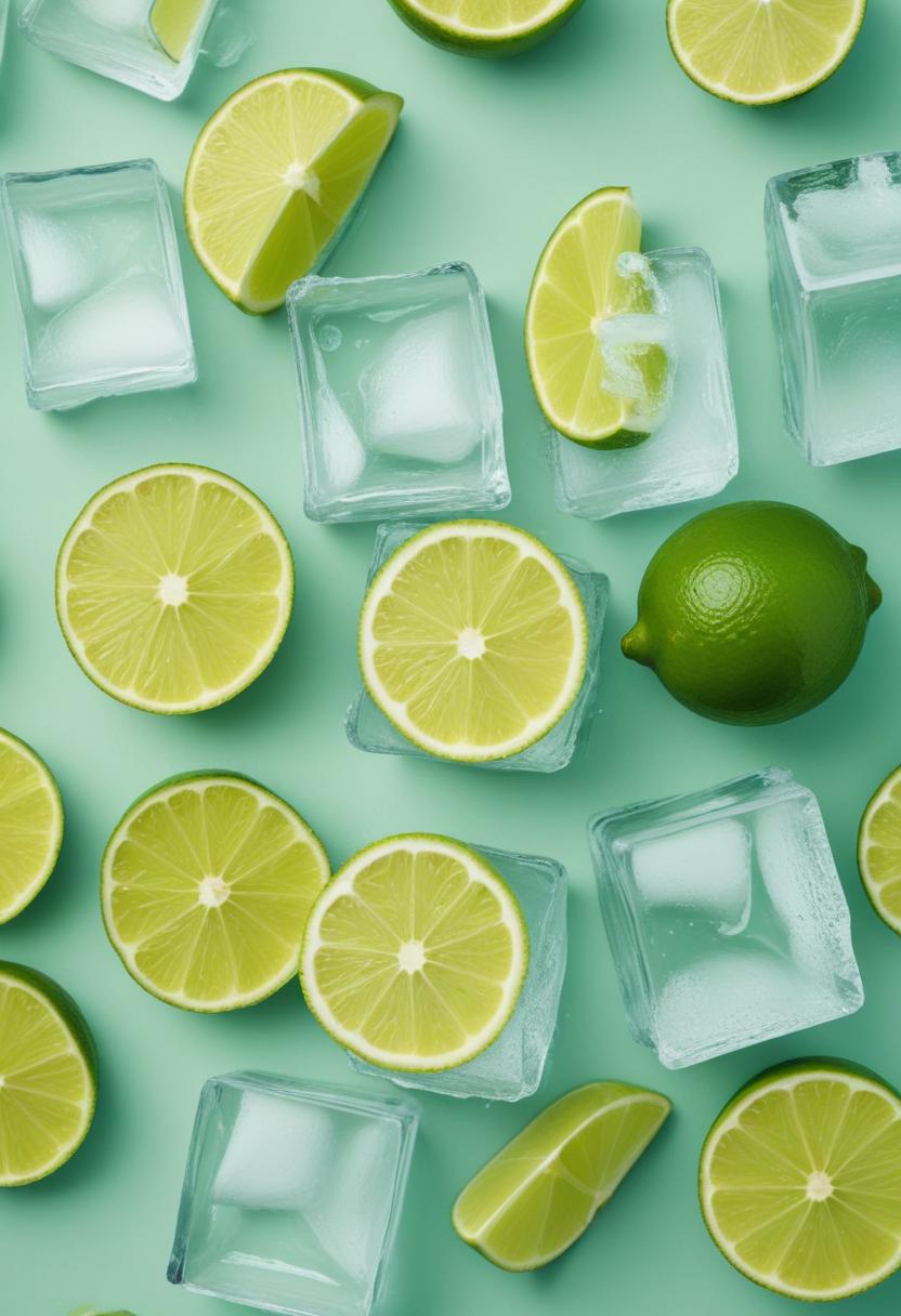 Ice cubes and fresh limes arranged on green surface Ice cubes and fresh limes arranged on green surface