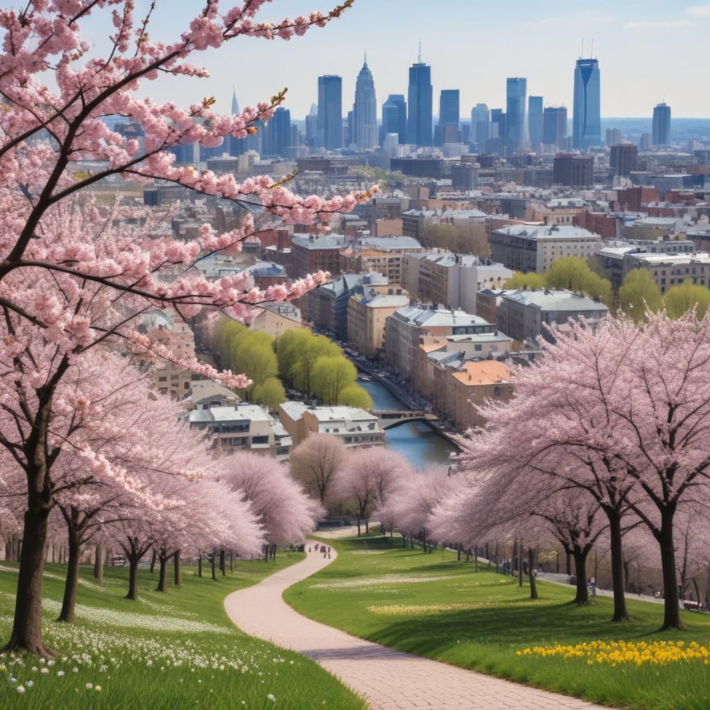 City skyline view with cherry blossoms in spring City skyline view with cherry blossoms in spring