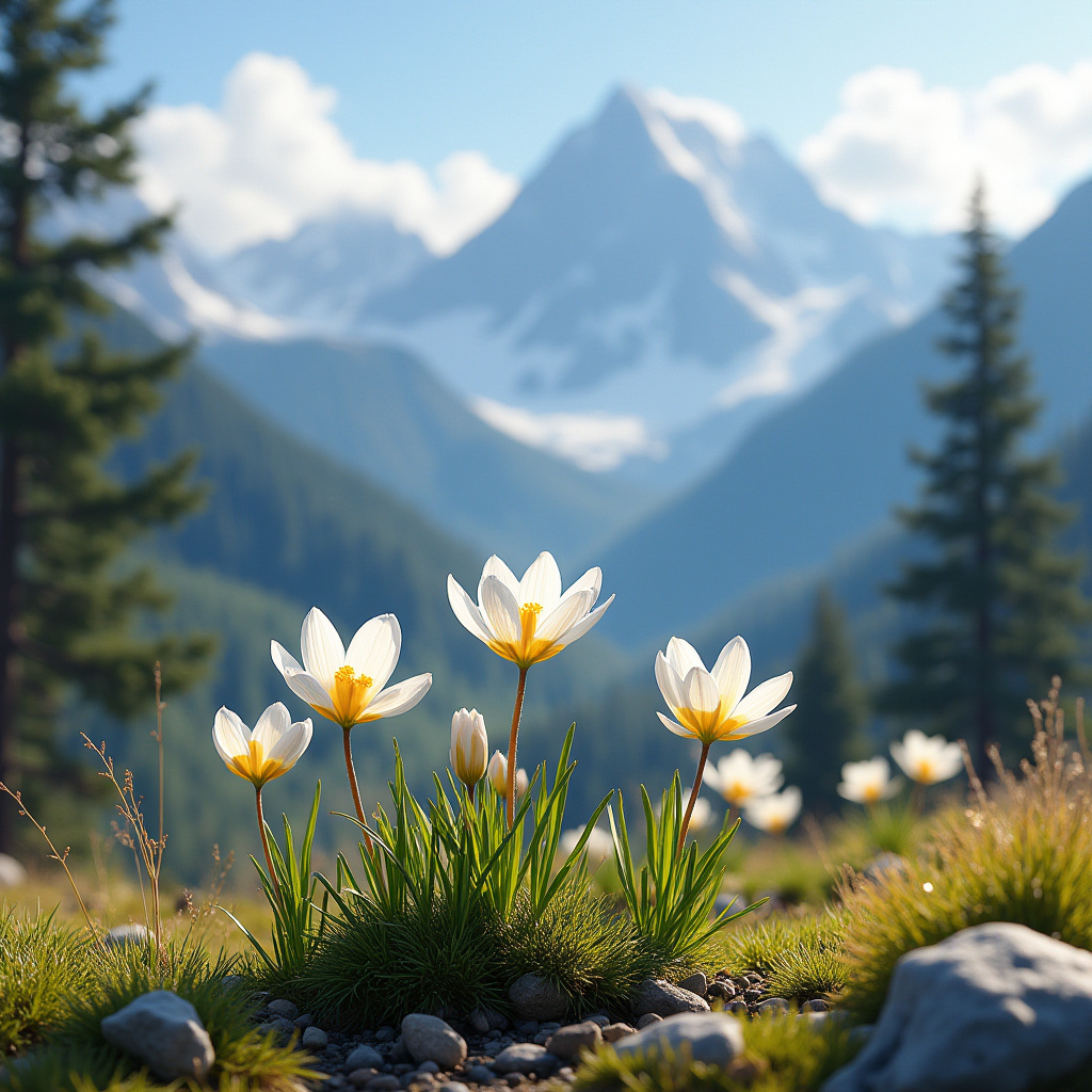 Blooming white flowers in a mountain valley during daylight Blooming white flowers in a mountain valley during daylight