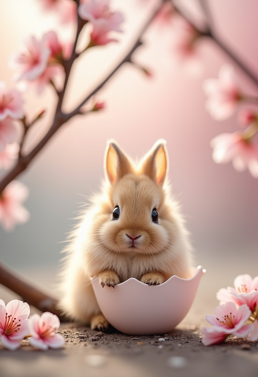 Cute bunny in an egg shell surrounded by blossoms Cute bunny in an egg shell surrounded by blossoms
