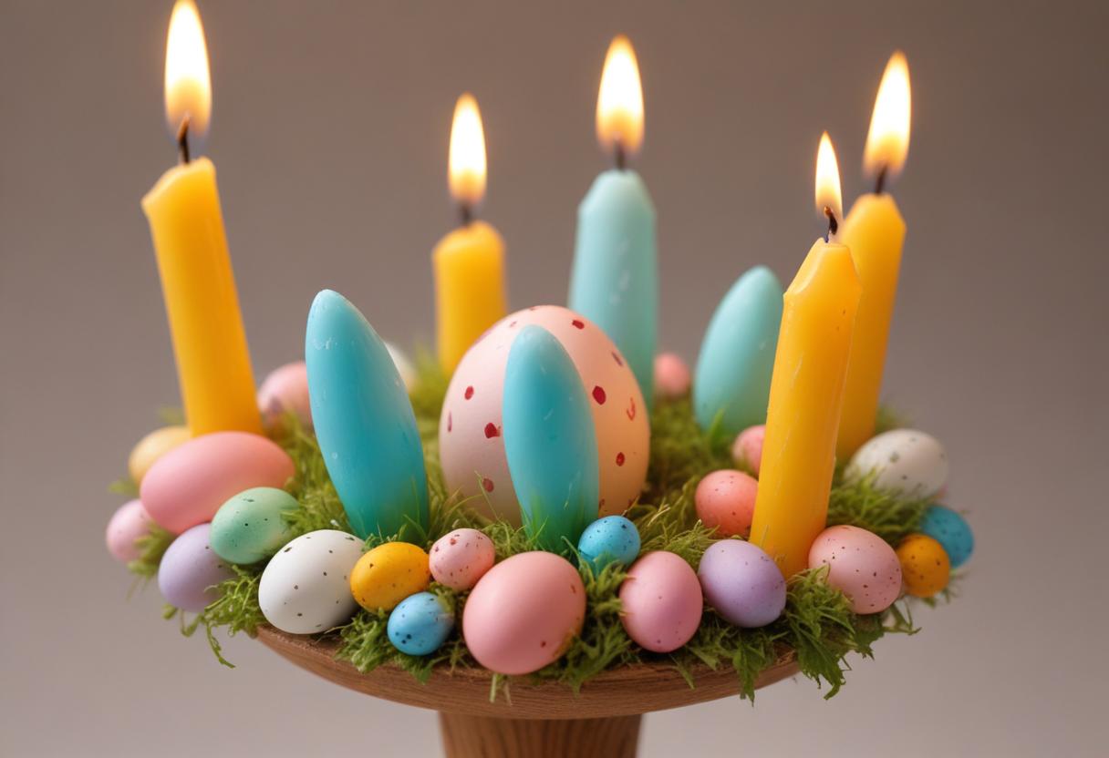 Colorful easter centerpiece with candles and eggs Colorful easter centerpiece with candles and eggs