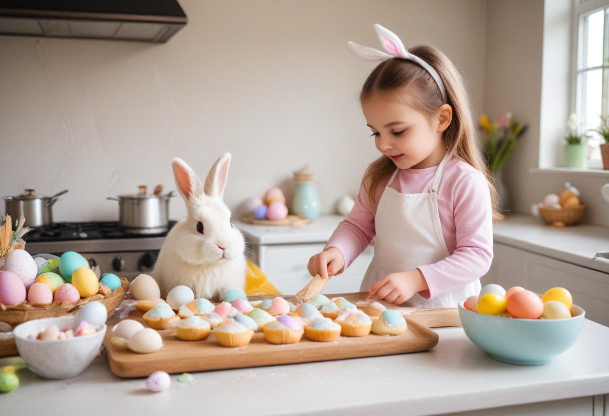 Child decorates colorful cupcakes with bunny in kitchen
