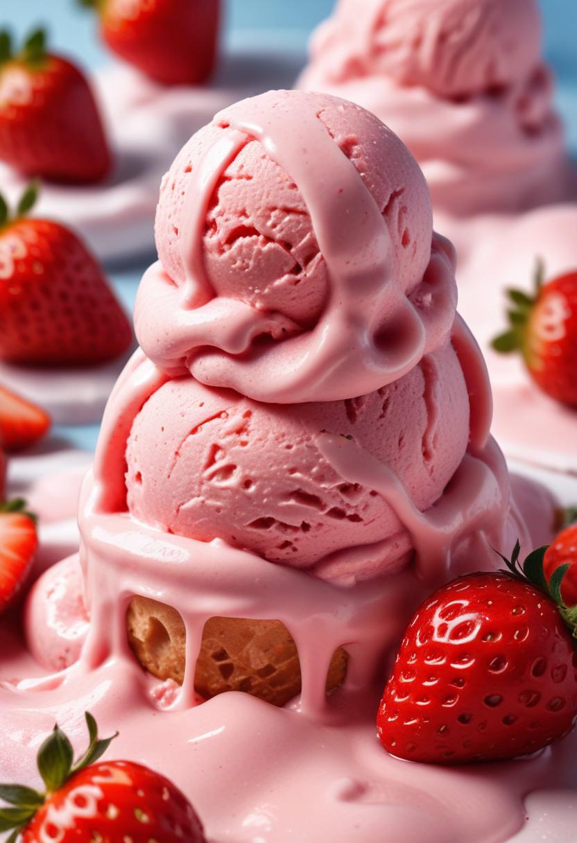 Delicious strawberry ice cream melting on a cone Delicious strawberry ice cream melting on a cone
