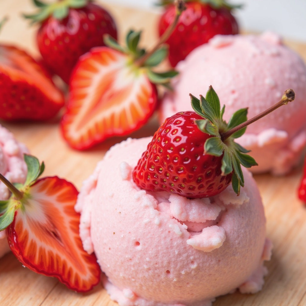 Strawberry ice cream served with fresh strawberries Strawberry ice cream served with fresh strawberries
