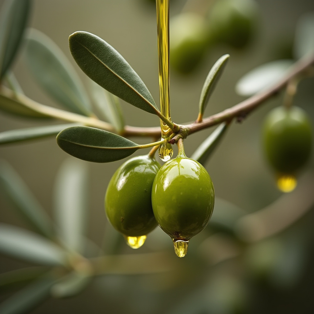 Olives on tree branch glistening with fresh olive oil