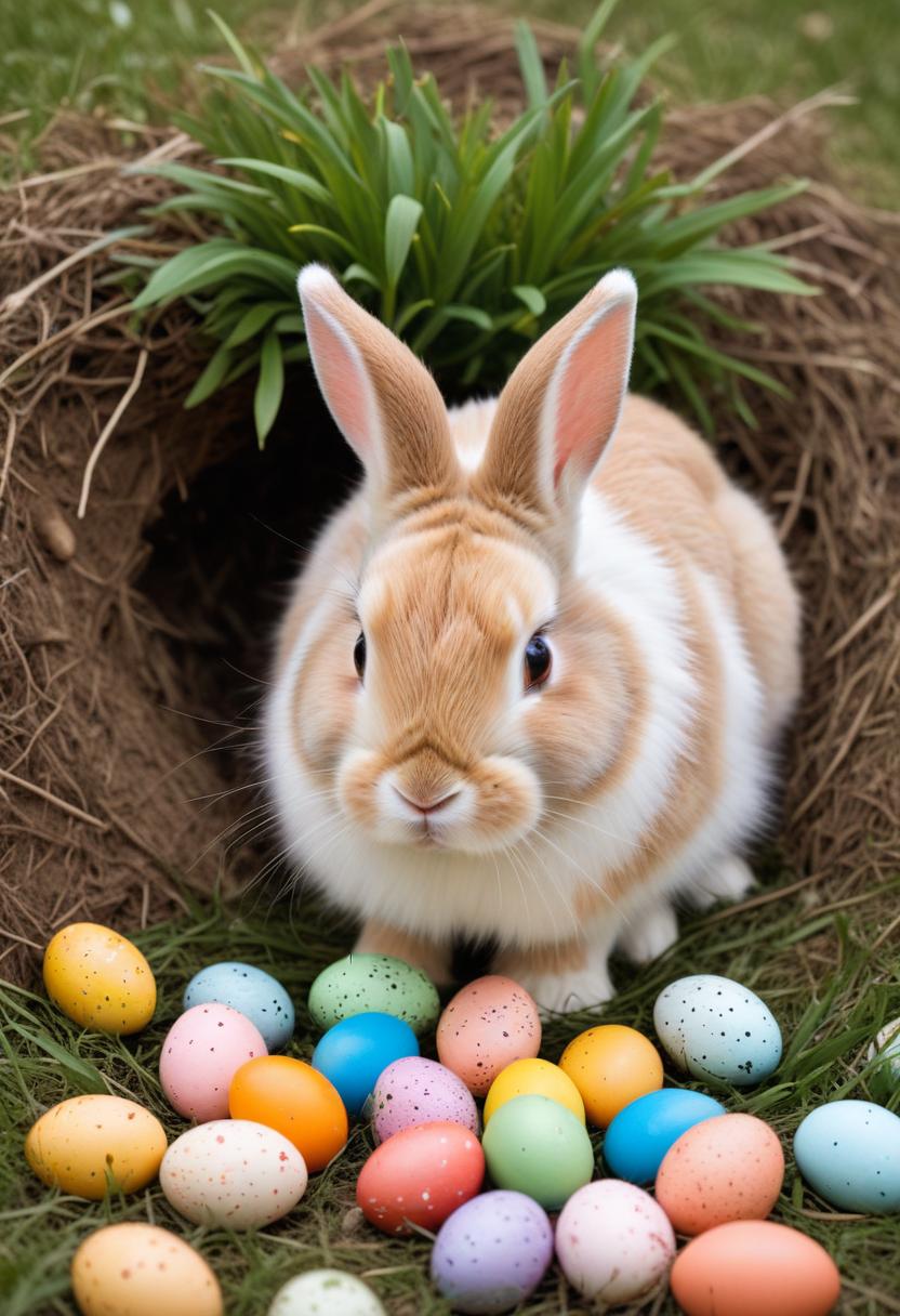 Cute rabbit with colorful eggs near a burrow in spring