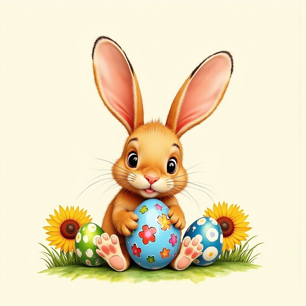 Cute bunny with colorful eggs and flowers for easter fun