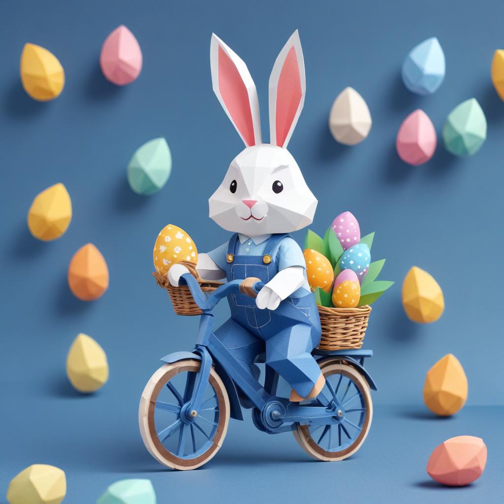 Bunny rides bike carrying colorful eggs in springtime