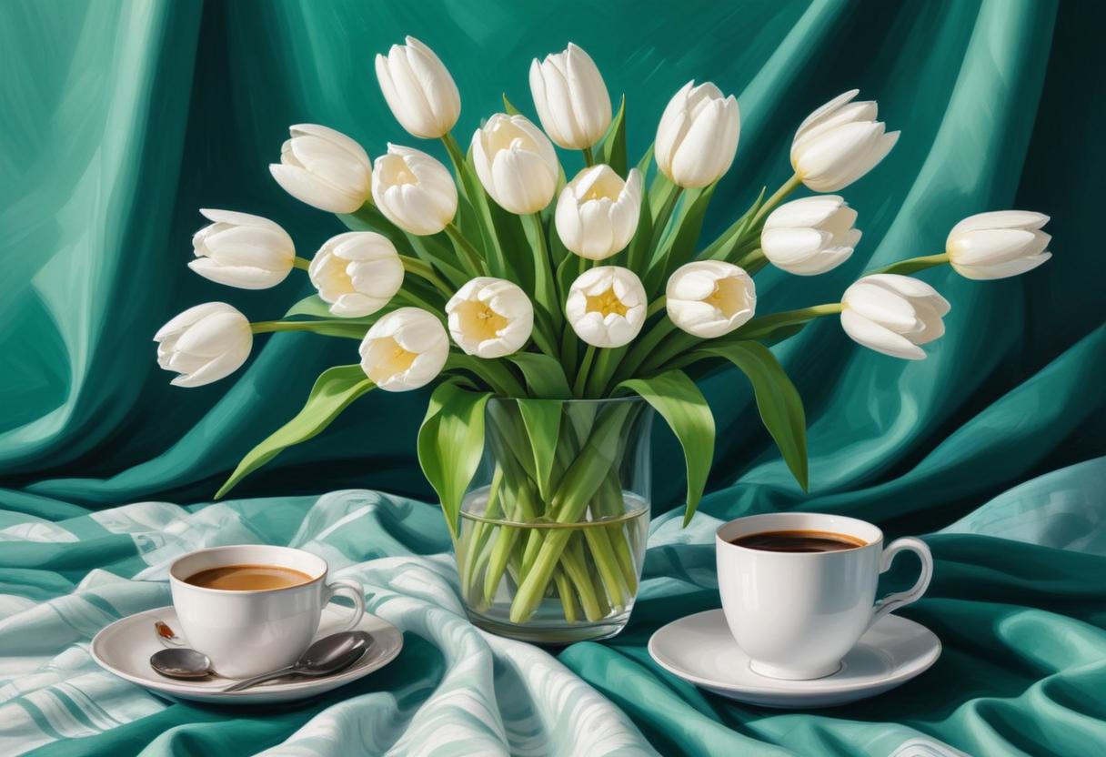 Elegant white tulips and coffee cups on teal fabric Elegant white tulips and coffee cups on teal fabric