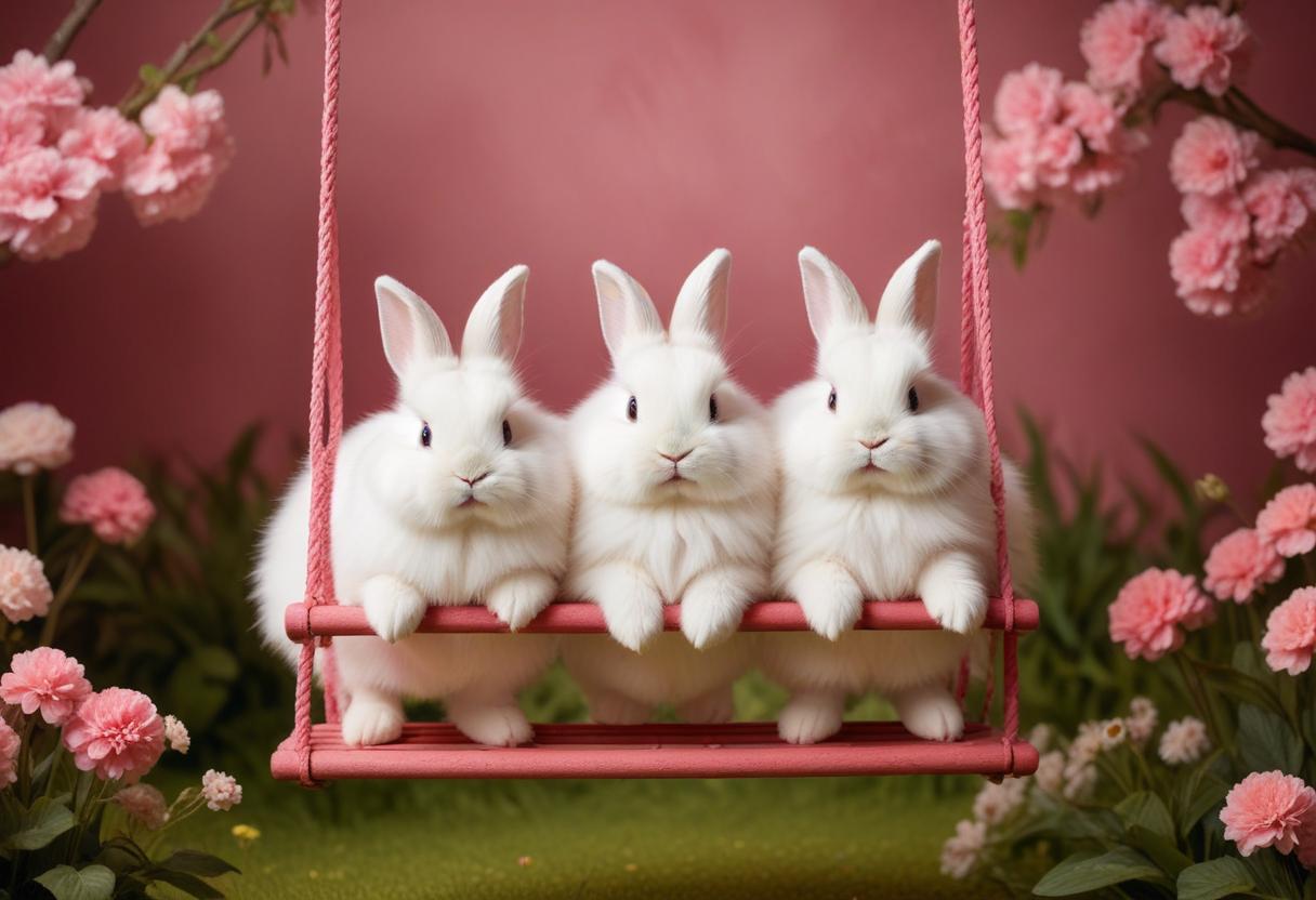 Three rabbits enjoying a swing in a flower garden Three rabbits enjoying a swing in a flower garden