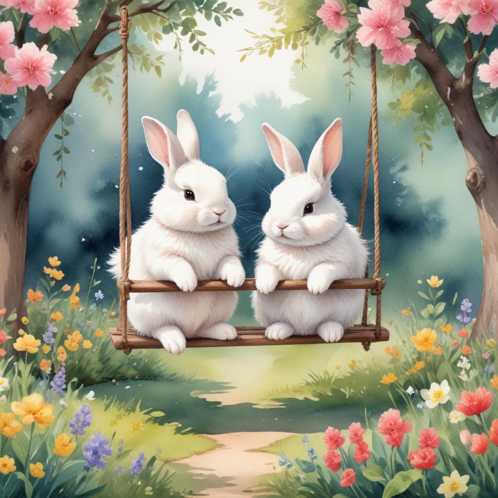 Two rabbits sitting on a swing in a flower garden Two rabbits sitting on a swing in a flower garden
