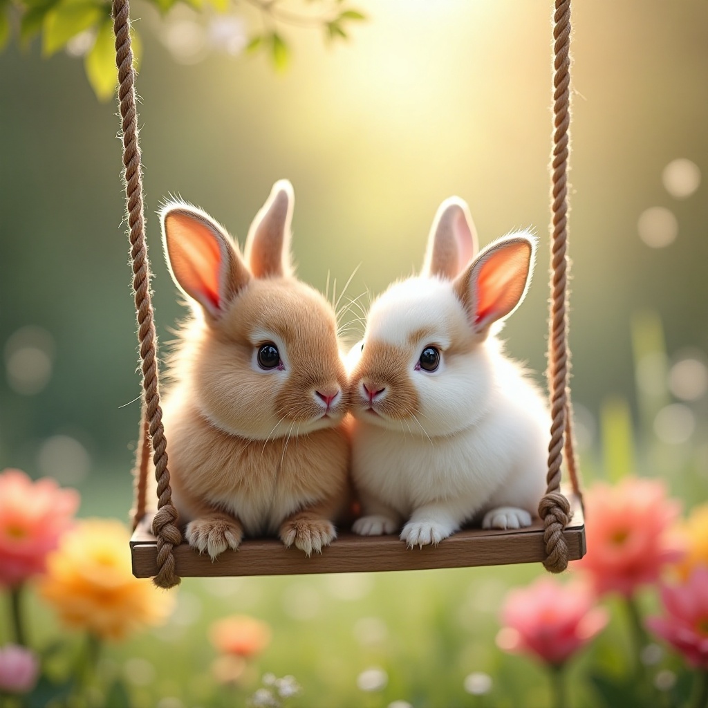 Adorable rabbits sharing a swing in a colorful garden