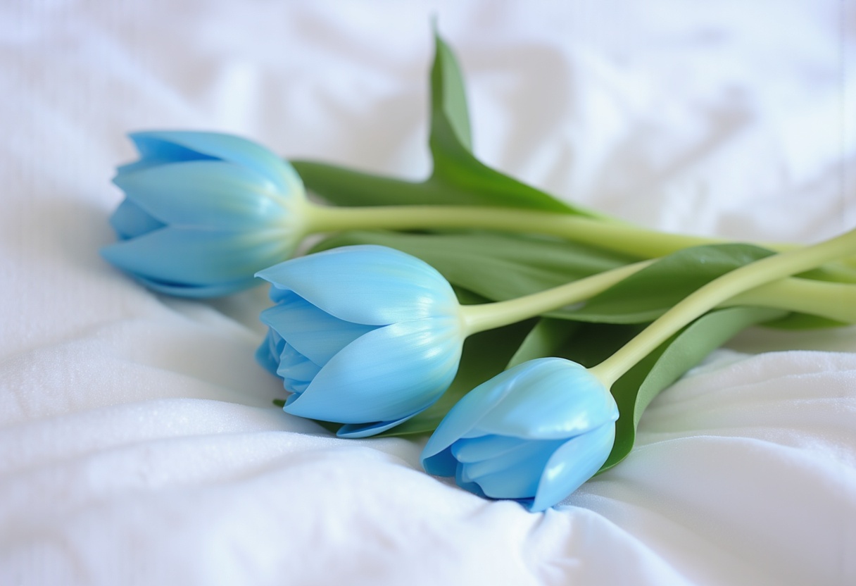 Beautiful blue tulips resting on soft fabric Beautiful blue tulips resting on soft fabric
