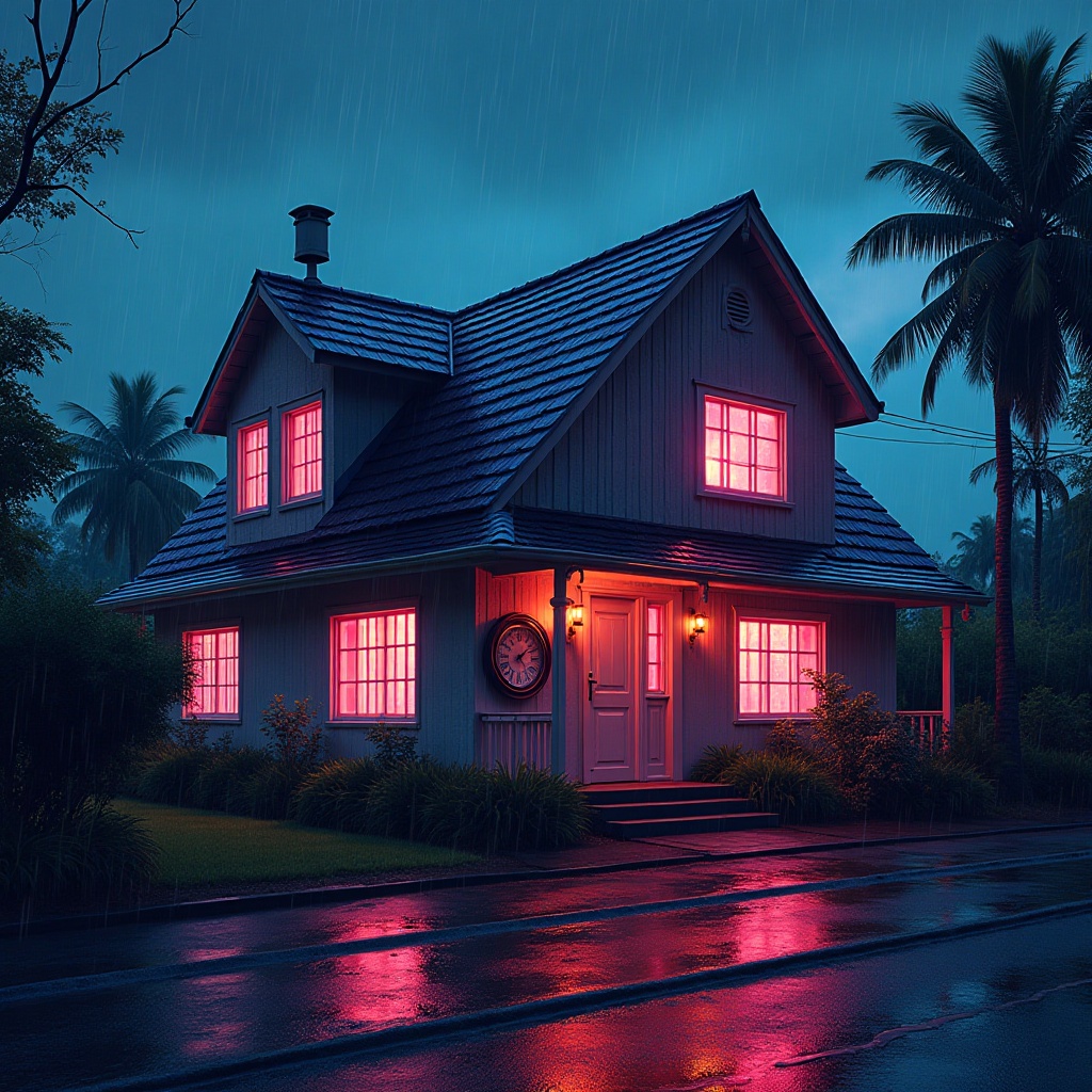 Cozy house glowing warmly during a rainy evening Cozy house glowing warmly during a rainy evening