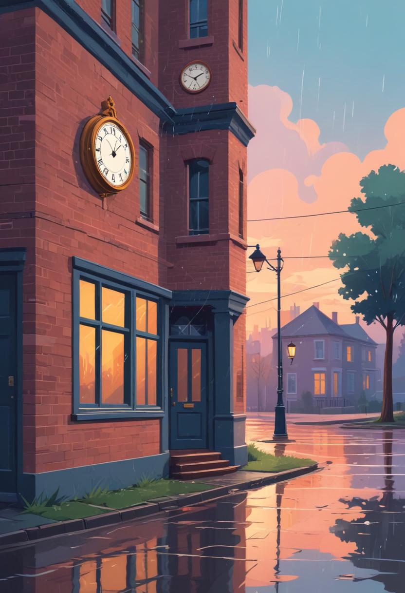 Rainy evening in a charming town with vintage architecture