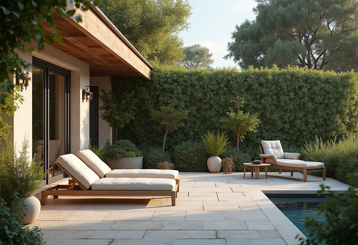 Relaxing outdoor lounge area by the pool in sunny setting Relaxing outdoor lounge area by the pool in sunny setting
