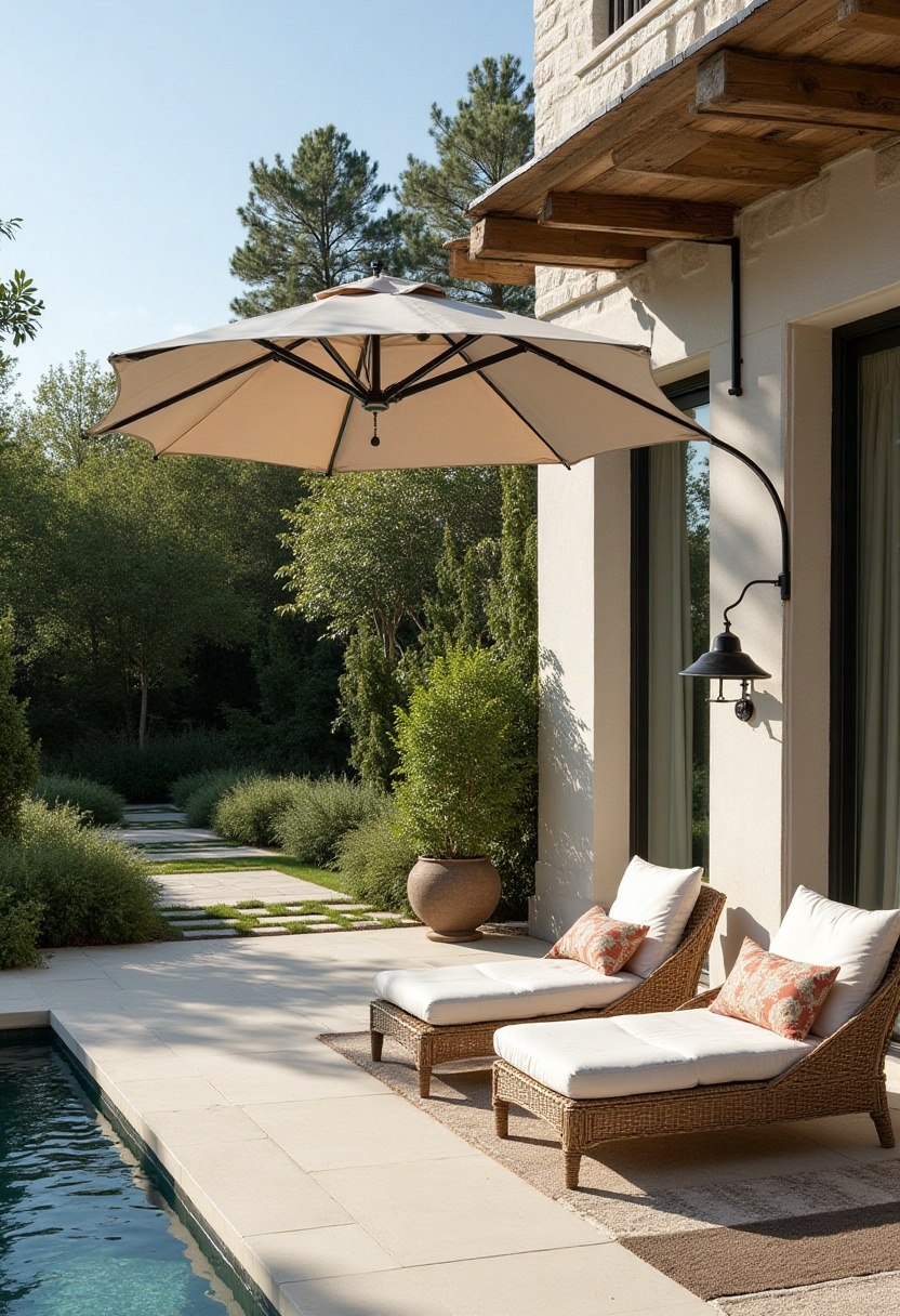 Relaxing lounge area by the pool on a sunny day Relaxing lounge area by the pool on a sunny day