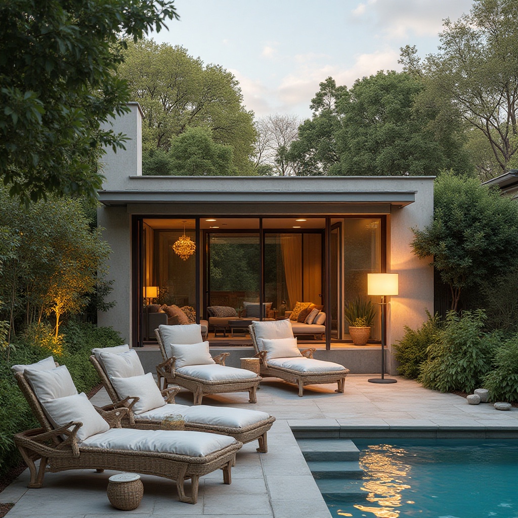 Relaxing evening by the poolside in a modern garden Relaxing evening by the poolside in a modern garden