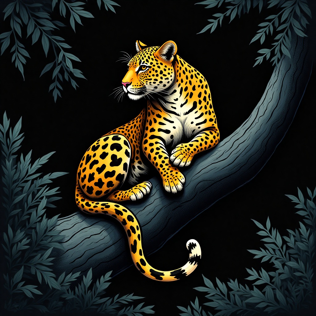 Jaguar resting on a tree branch in a jungle setting Jaguar resting on a tree branch in a jungle setting