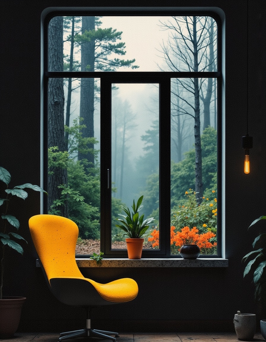 Cozy room with bright chair overlooking misty forest Cozy room with bright chair overlooking misty forest