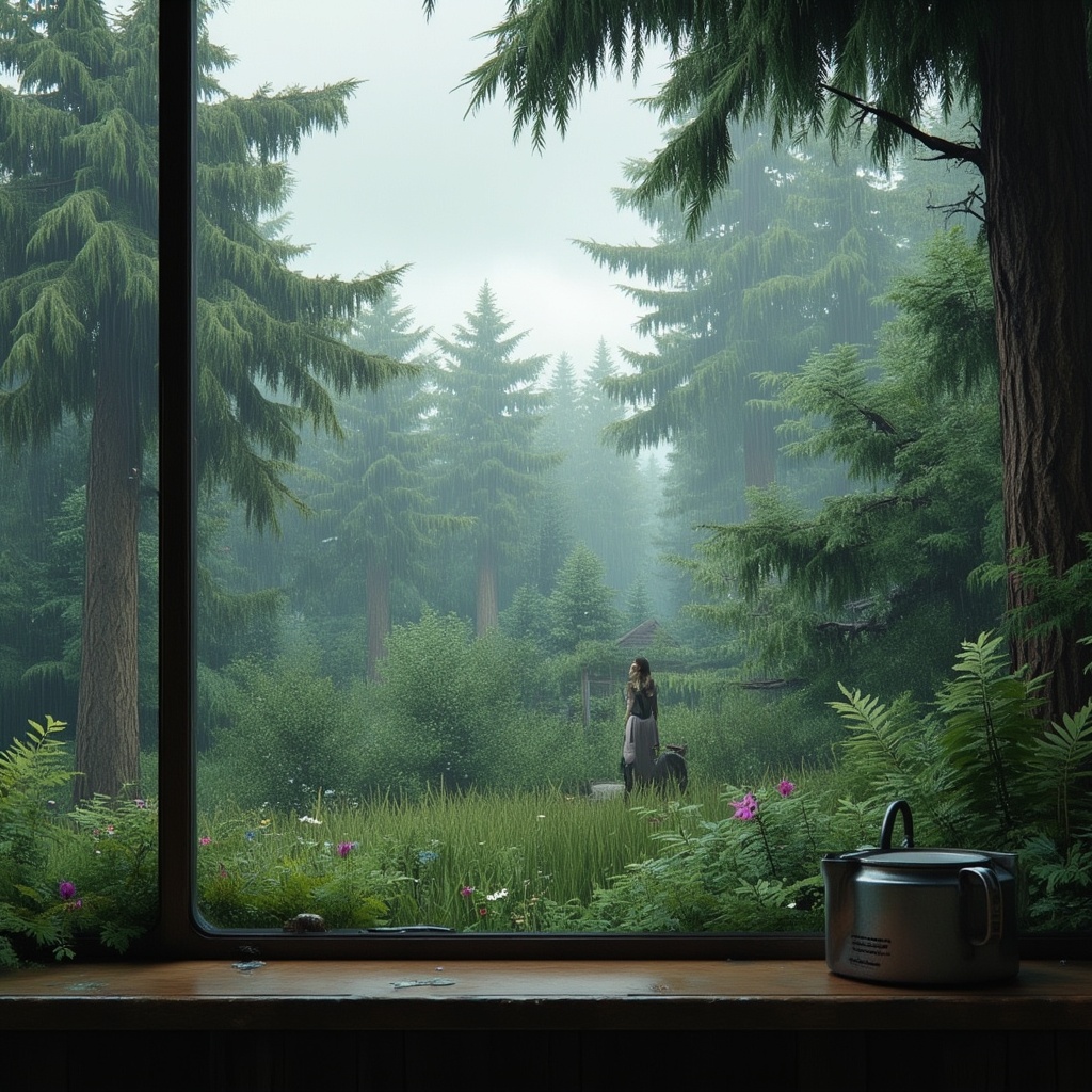 Woman walking in misty forest with greenery and flowers Woman walking in misty forest with greenery and flowers