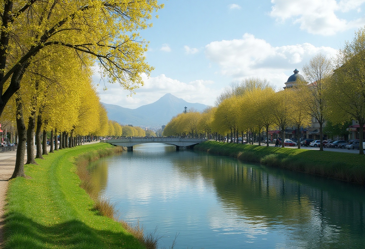 Serene riverbank with autumn trees and mountain backdrop Serene riverbank with autumn trees and mountain backdrop