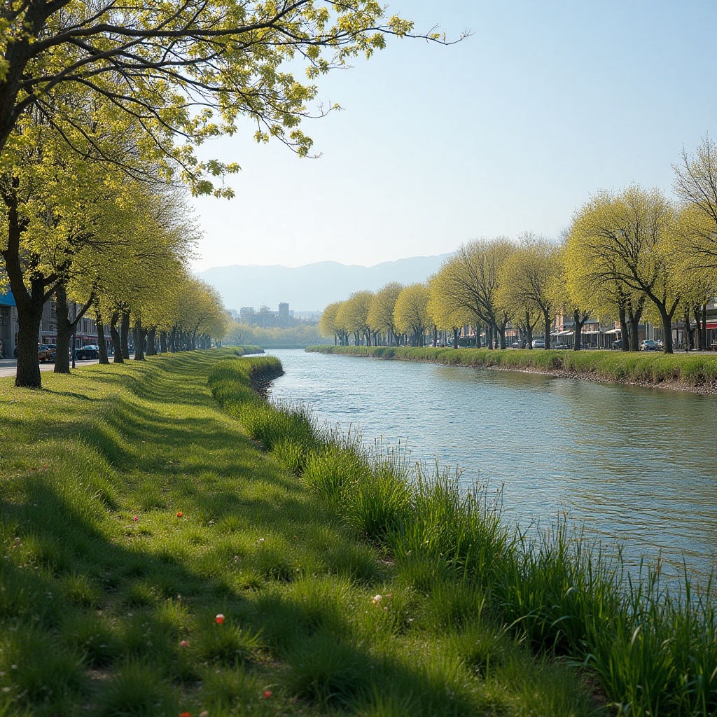 Scenic riverside view with spring foliage and clear skies Scenic riverside view with spring foliage and clear skies