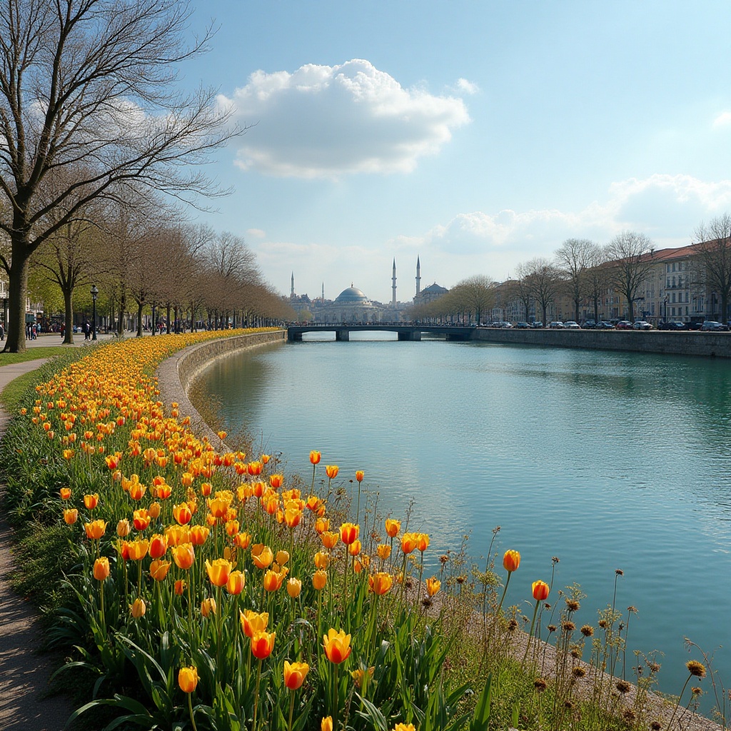Colorful tulips along a serene riverbank in spring