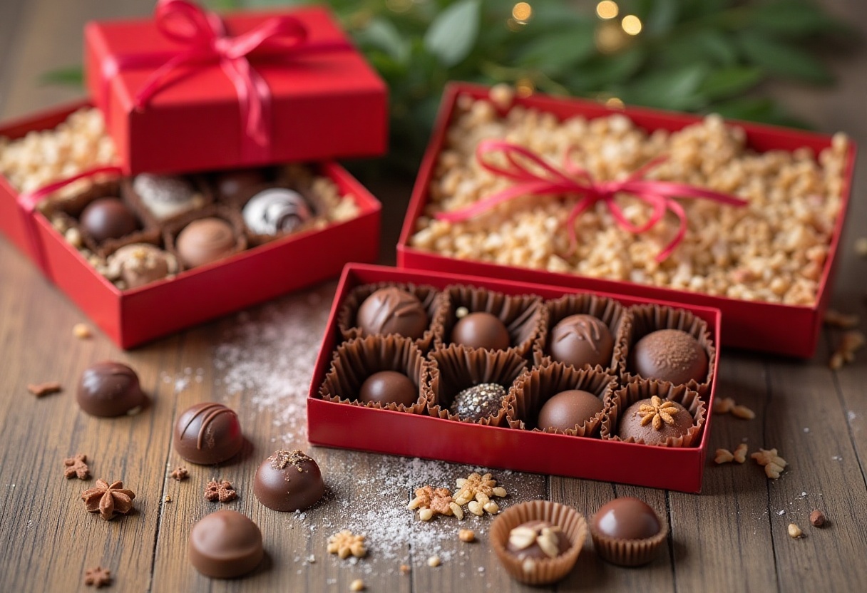 Delicious chocolate gift boxes arranged on a wooden table Delicious chocolate gift boxes arranged on a wooden table