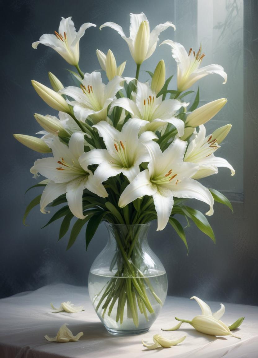 White lilies in a clear vase with soft lighting White lilies in a clear vase with soft lighting