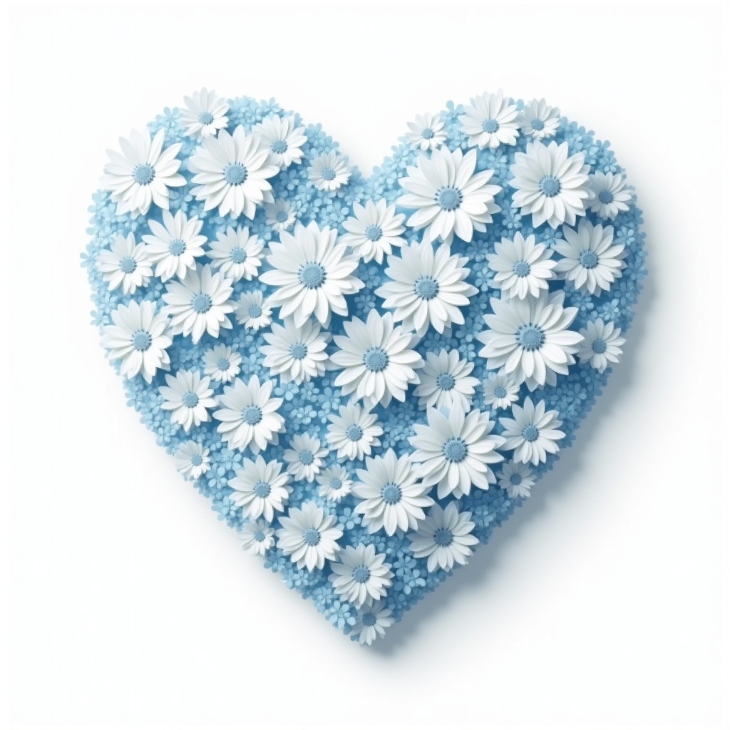 Heart-shaped arrangement of white flowers and blue accents Heart-shaped arrangement of white flowers and blue accents