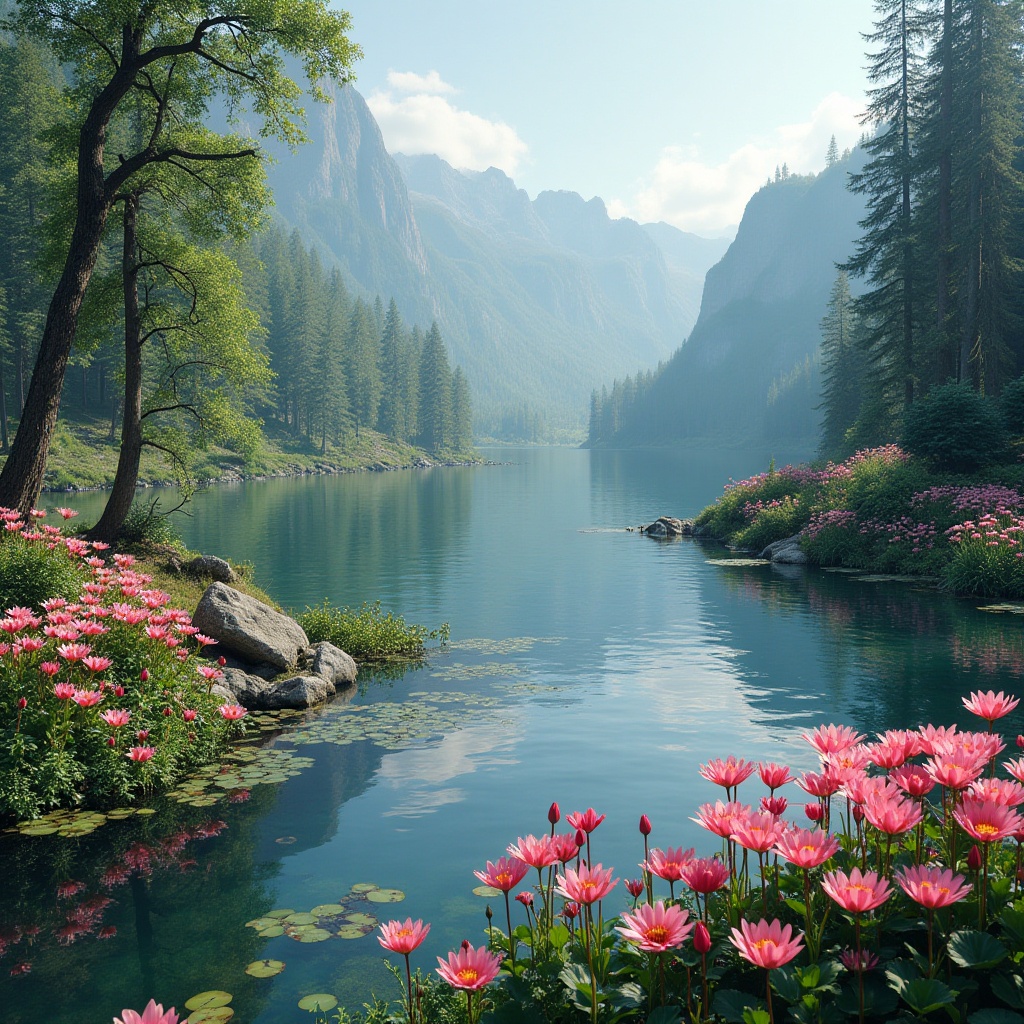 Mountains and peaceful lake with blooming flowers in spring Mountains and peaceful lake with blooming flowers in spring