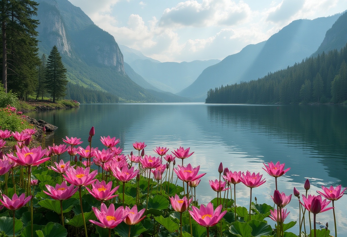 Serene lake view with blooming pink flowers and mountains Serene lake view with blooming pink flowers and mountains