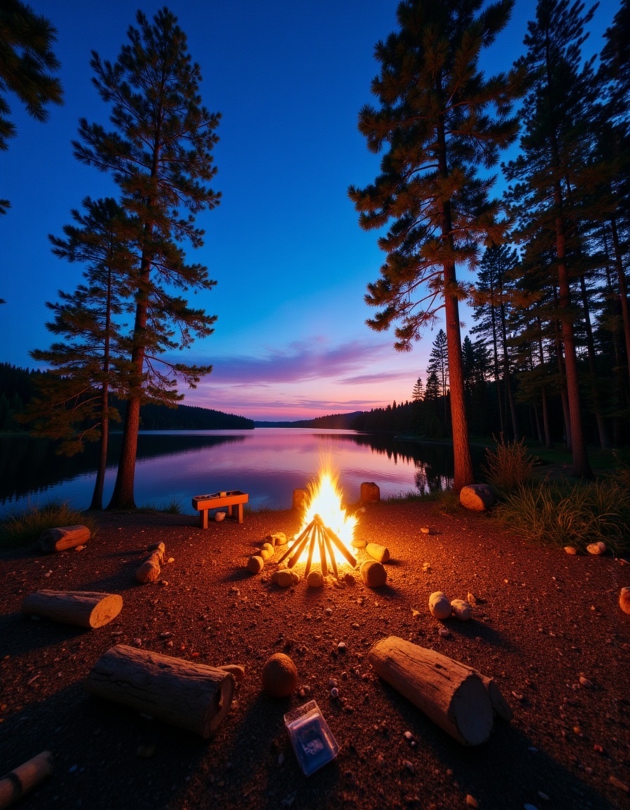 Campfire glowing by the lake at twilight hour Campfire glowing by the lake at twilight hour