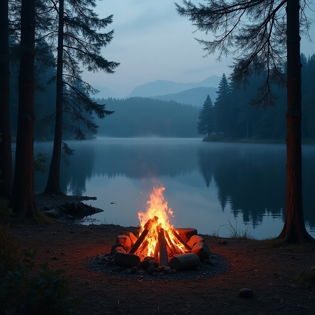 Campfire glowing near tranquil lake at twilight Campfire glowing near tranquil lake at twilight