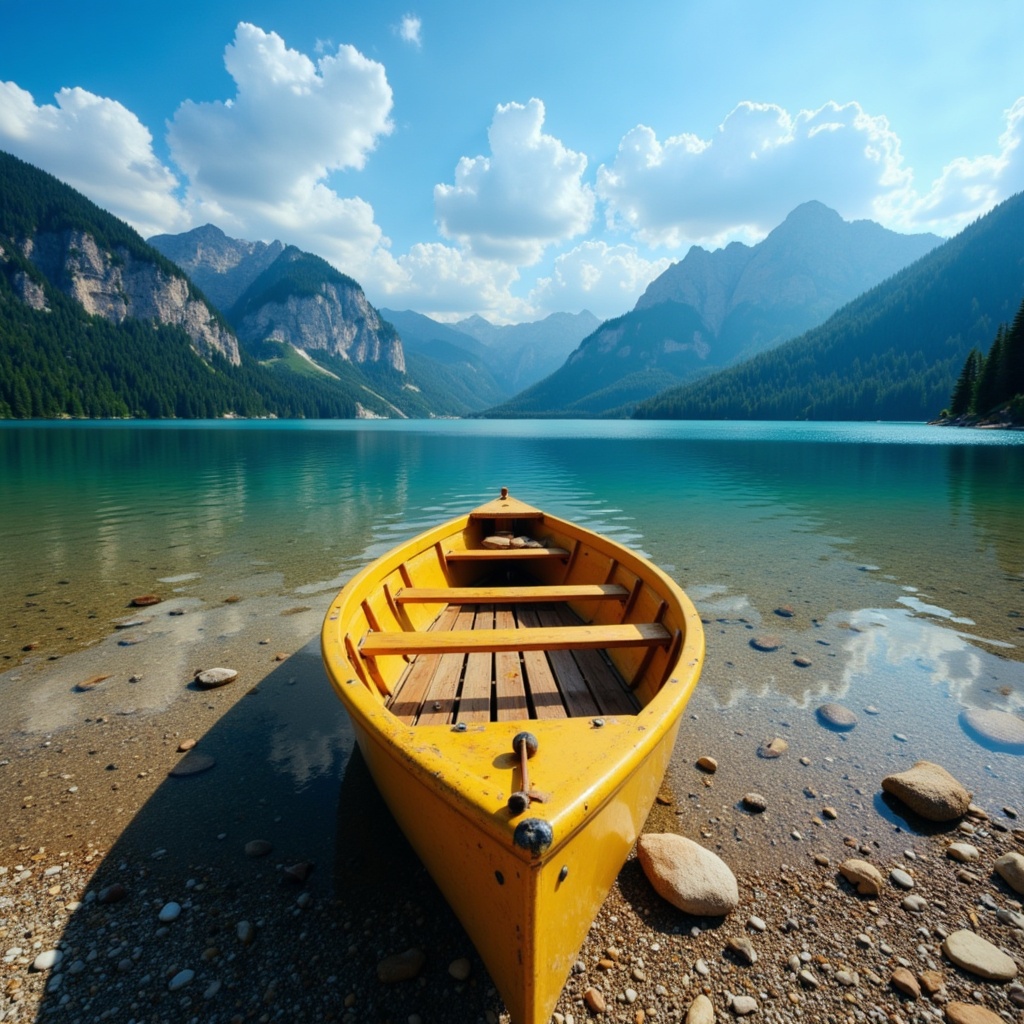 Yellow canoe on calm lake with mountains in background Yellow canoe on calm lake with mountains in background