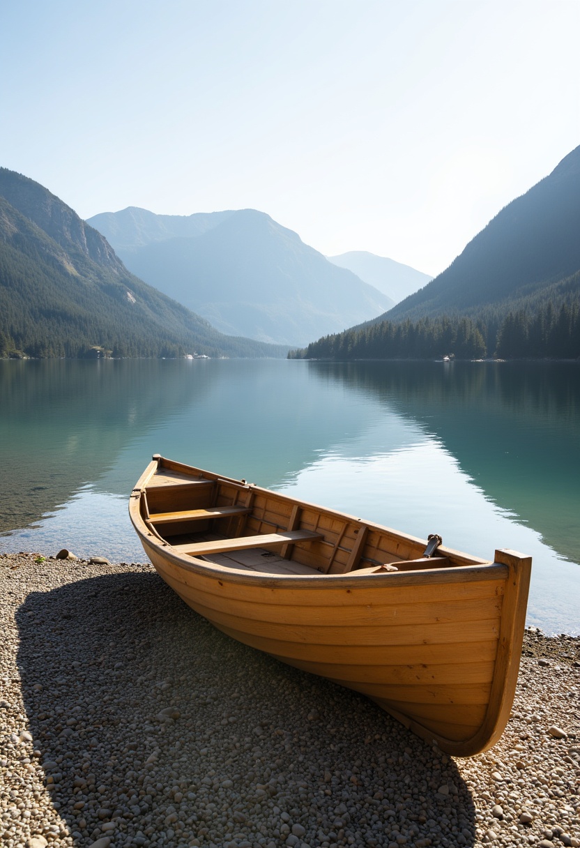 Gentle boat resting by the calm lake surrounded by mountains Gentle boat resting by the calm lake surrounded by mountains