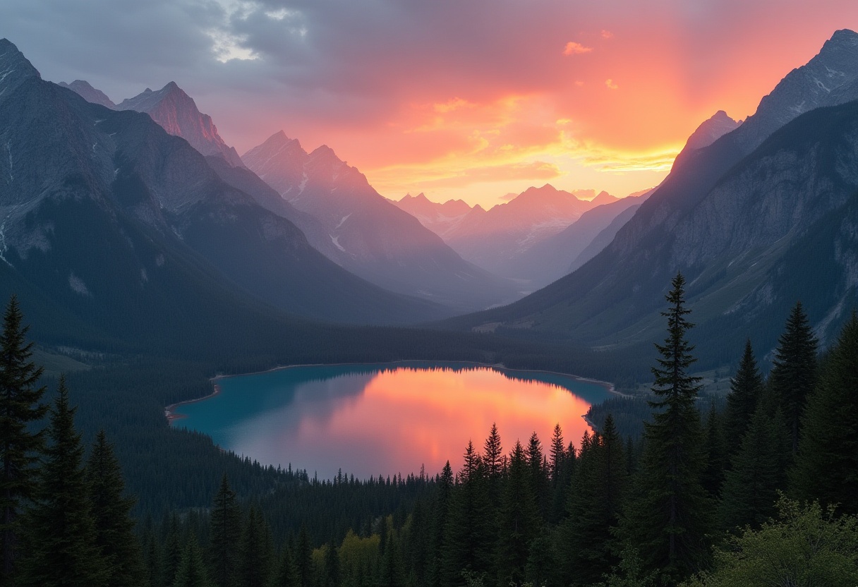Majestic sunset over tranquil mountain lake Majestic sunset over tranquil mountain lake