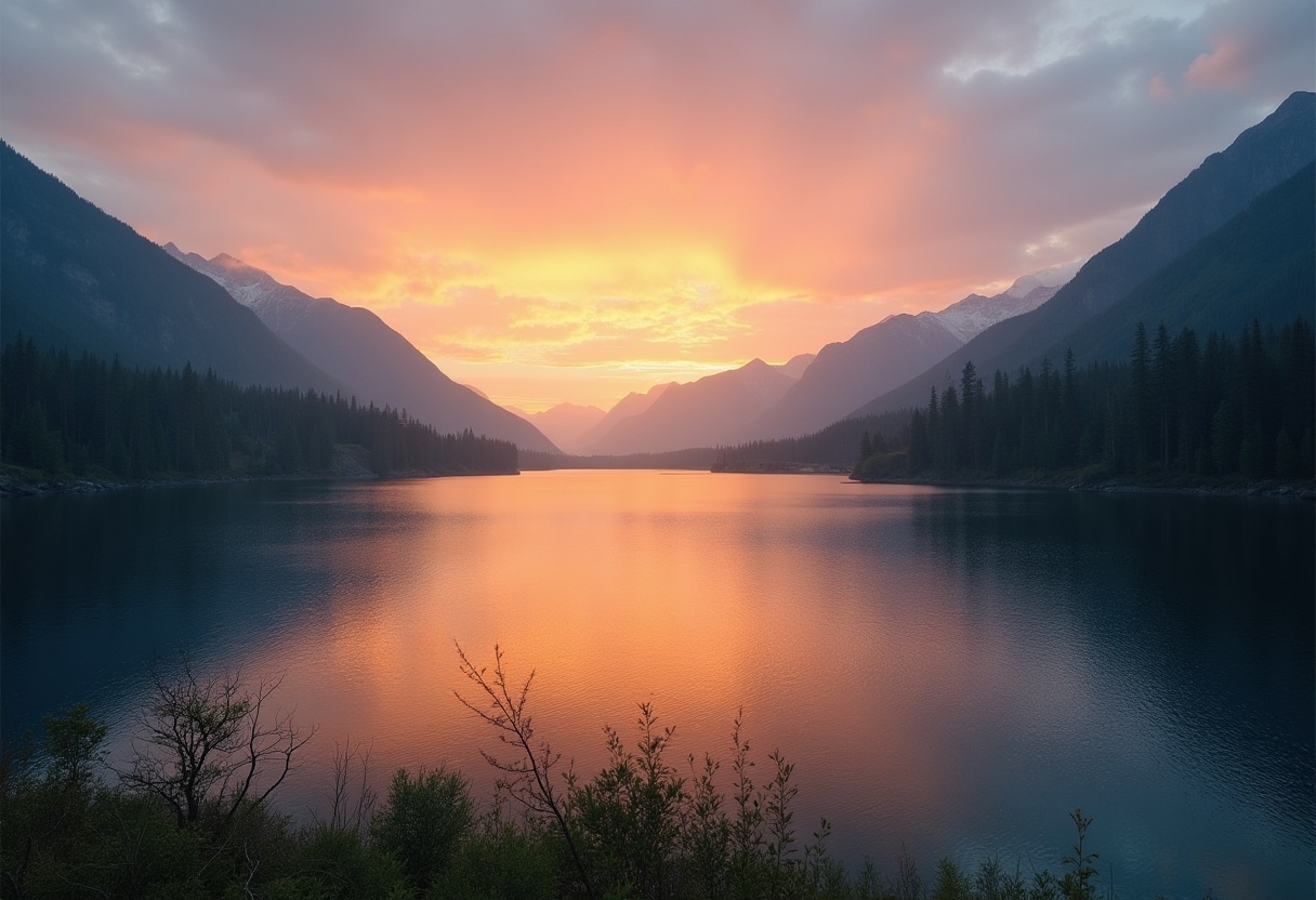 Sunset over calm lake surrounded by mountains Sunset over calm lake surrounded by mountains