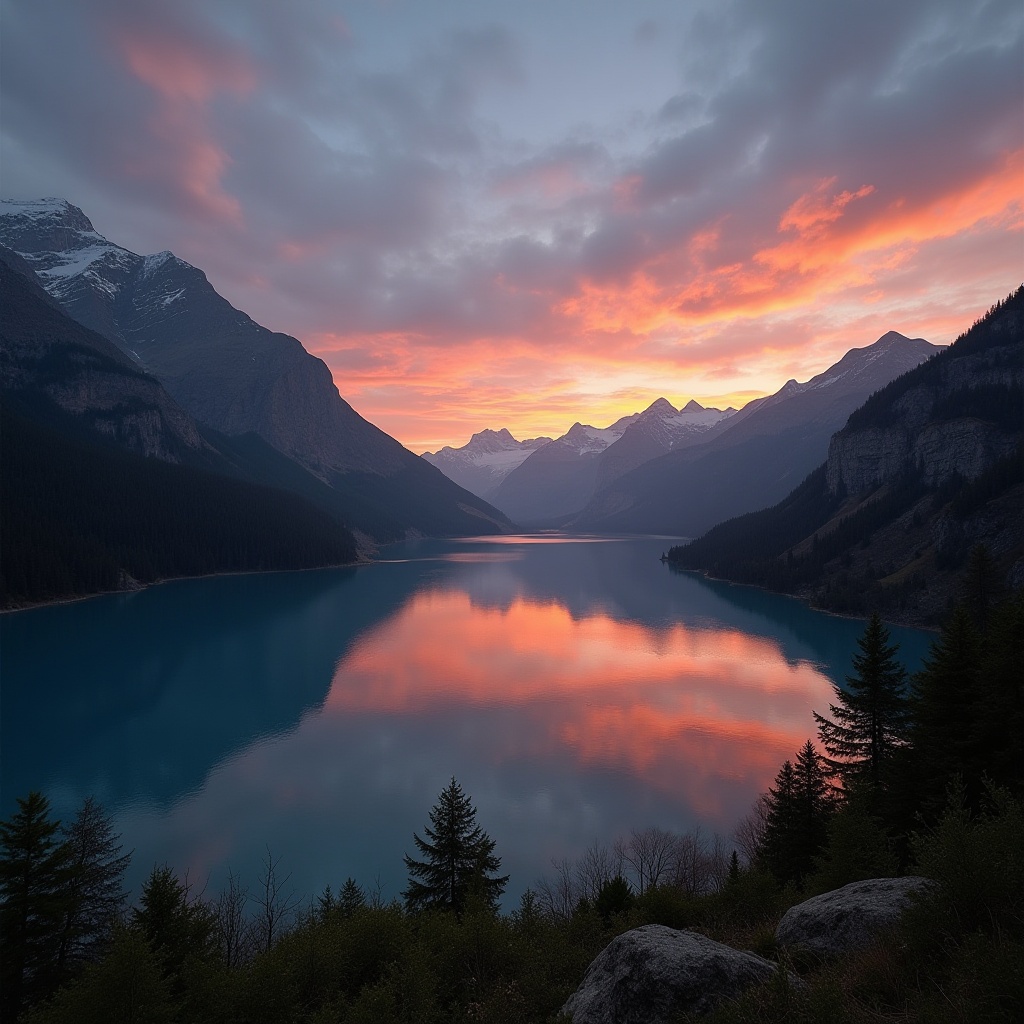 Majestic sunset over peaceful lake and mountains Majestic sunset over peaceful lake and mountains