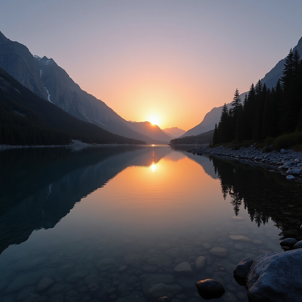 Sunrise over tranquil mountain lake with reflection Sunrise over tranquil mountain lake with reflection
